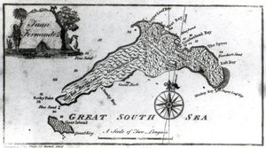 Um mapa da ilha de Juan Fernández, impresso em &39;Providence Displayed: ou As notáveis aventuras de Alexander Selkirk do Largo, na Escócia&39; por Isaac James, publicado em 1800